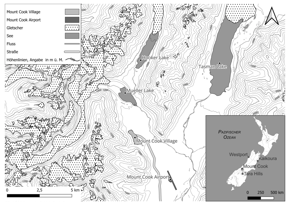 Topografische Karte vom Mount-Cook-Gebiet mit Seen, Gletschern und Höhenlinien in Neuseeland.